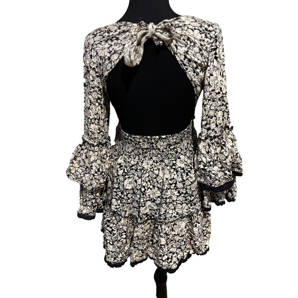 Free People Black Cream Kristall Mini Tiered Backless Dress sz XS Boho peasant - Picture 8 of 10